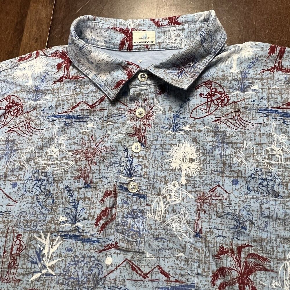 Johnny-O Hangin' Out Blue Graphic Wipeout Short Sleeve Polo Stretch Men's Size L
